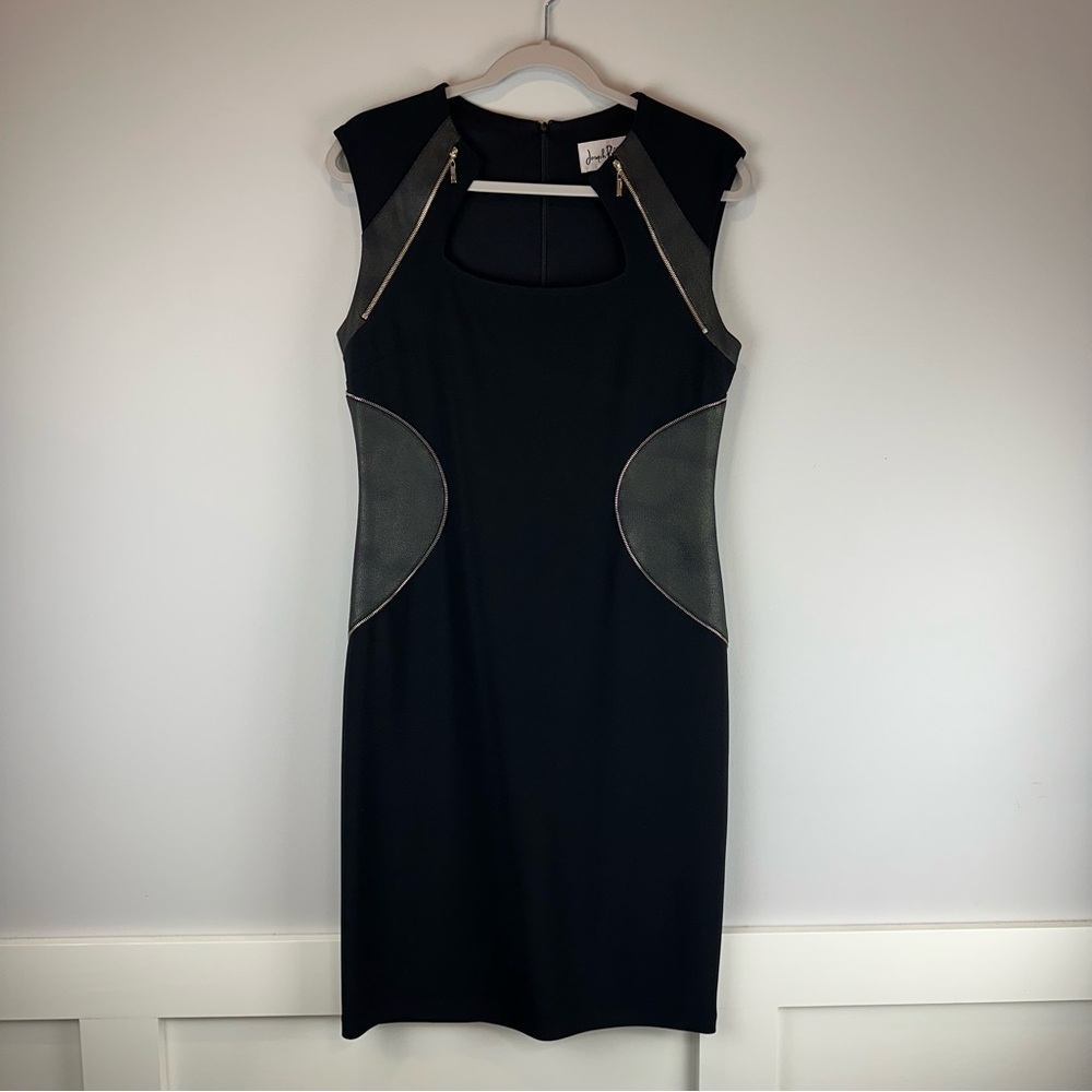 Joseph Ribkoff Black Faux Leather Cutout Collar Sheath Career Office Dress 10